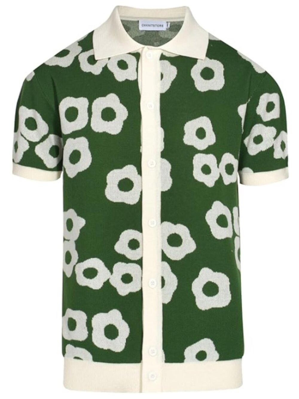OXKnit Short Sleeve Retro Knit Golf Polo Jacquard Mod Flower Green Cream Medium